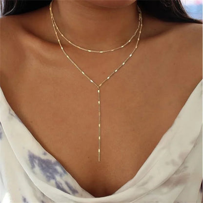 Popular Double Layered Long Tassel Y-Shaped Necklace for Women Simple Metal Collarbone Chain Summer Holiday Party Body Jewelry