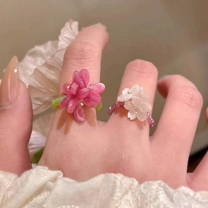 Violet Flower Acrylic Ring New Korean Style White Lily Index Finger Ring Elastic Beaded Unique Creativity Fold Women Jewelry