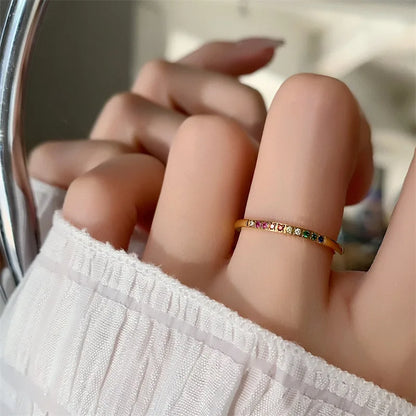 INS Stainless Steel Rainbow Color Cubic Zircon Stone Finger Rings for Women Gold Plated Waterproof Stacker Ring Jewelry Gift