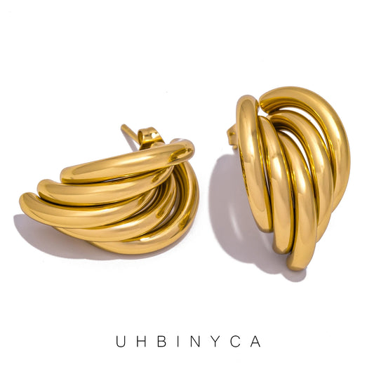 Stainless Steel Irregular Distort Geometry Hoop Earrings for Women Vintage Gold Plated Metal Smooth Earrings Charm Jewelry Gift