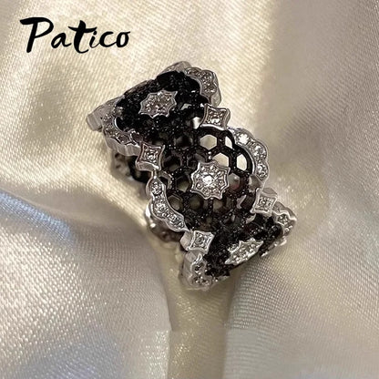 Elegant Genuine 925 Sterling Silver Rings for Women Wedding Engagement Anniversary Accessory Black Color Geometric Modern Design