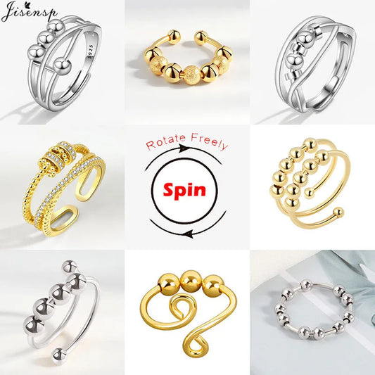 Simple Metal Beads Fidget Rotating Rings for Women Men Rotate Freely Anti Stress Anxiety Ring Spiral Round Ball Rotate Jewlery