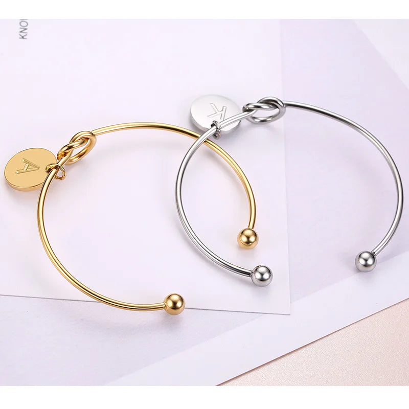 Trendy Initial Coin Charm Bangle for Women Men Lover Wife Stainless Steel Letter Cuff Bracelet Couple Jewelry Dropshipping