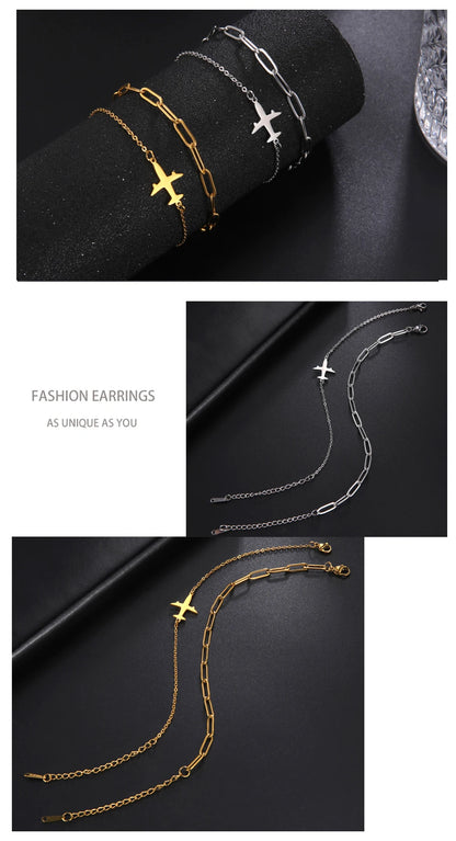 Kkjoy Stainless Steel Bohemia Gold Color Aircraft Anklets Two Layer Foot Legs Anklet Luxury Foot Chain Jewelry Accessories Gifts
