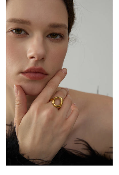 Yhpup Creative Stainless Steel Geometric Hollow Golden Minimalist Ring Fashion Waterproof Unusual Trendy Textured Jewelry