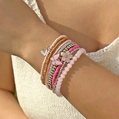 9 Pcs Bohemian Butterfly Flower Beaded Bracelet for Women Handmade Rice Beads Stacked Bracelet Bangles Set Girls Party Jewelry
