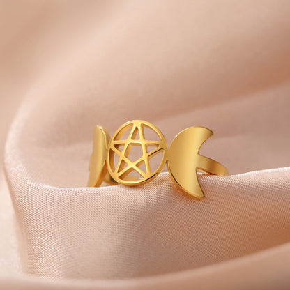 COOLTIME Pentagram Triple Moon Goddess Symbol Rings for Women Men Stainless Steel Crescent Star Ring Vintage Wicca Jewelry Gift