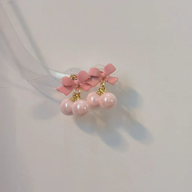 Super Sweet Pink Bow Earrings S925 Silver Needle Sweet Girl Heart Candy Bead Earrings Summer Fresh Earrings