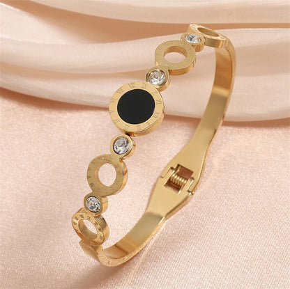 ZAKOL 2 Pcs Fashion Bracelet Rings For Women Black Acrylic Roman Numeral Stainless Steel Couple Bracelet Jewelry Set Gift