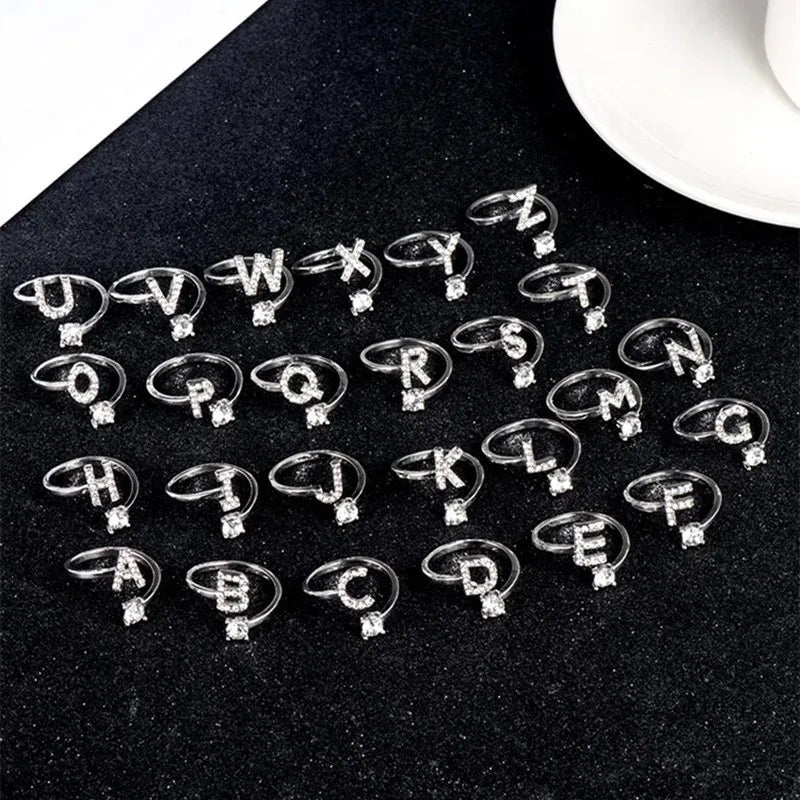 LATS Zircon Initial A-Z Letter Rings for Women Girl Adjustable Opening Ring Name Alphabet Female Wedding Fashion Jewelry Gift