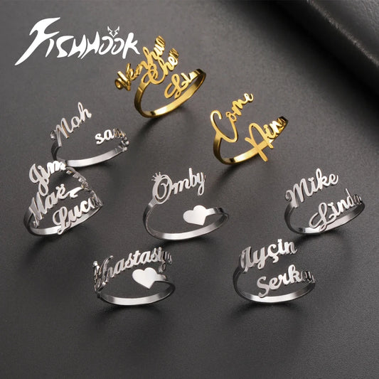 Custom Double First Name Finger Ring For Women Men Personalized Rings Couple Family Gift Gold Color Stainless Steel Jewelry