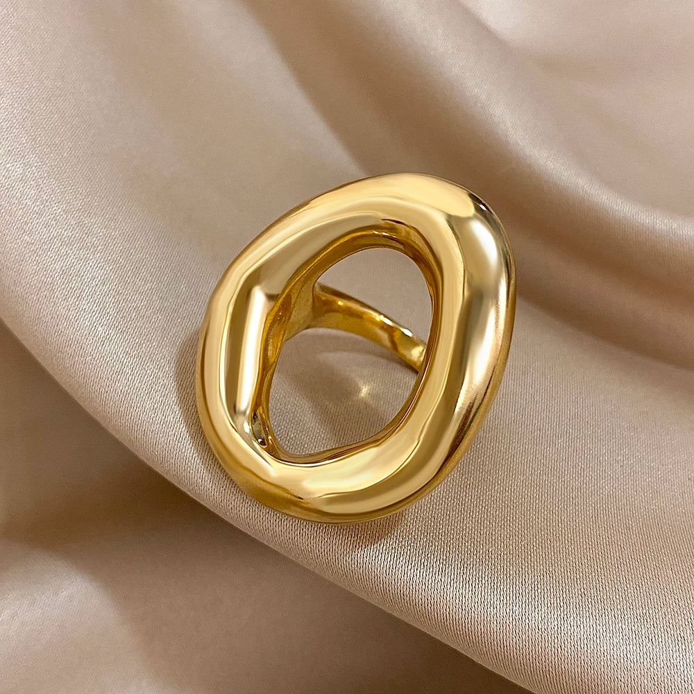 Irregular Geometric Circle Rings for Women Men Fashion Chunky Gold Plated Stainless Steel Finger Rings Unique Design Jewelry