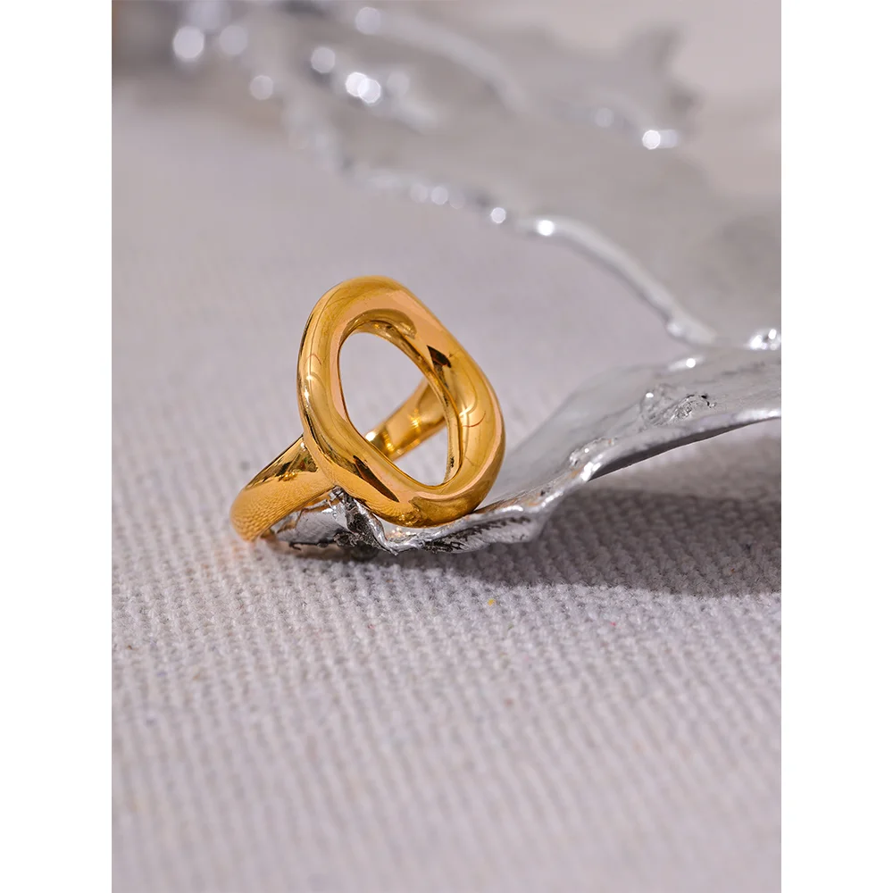 Yhpup Creative Stainless Steel Geometric Hollow Golden Minimalist Ring Fashion Waterproof Unusual Trendy Textured Jewelry