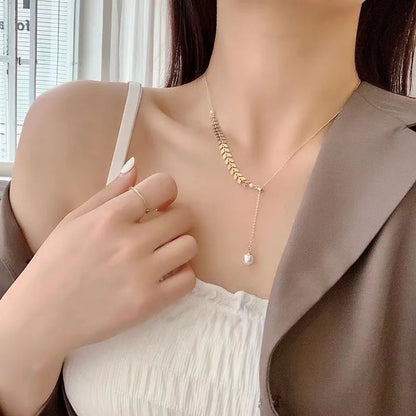 New Simple Wheat Ear Pearl Bracelet Necklace Earrings Jewelry Set for Women Lucky Gold Color Bracelet Charm Jewelry Necklaces