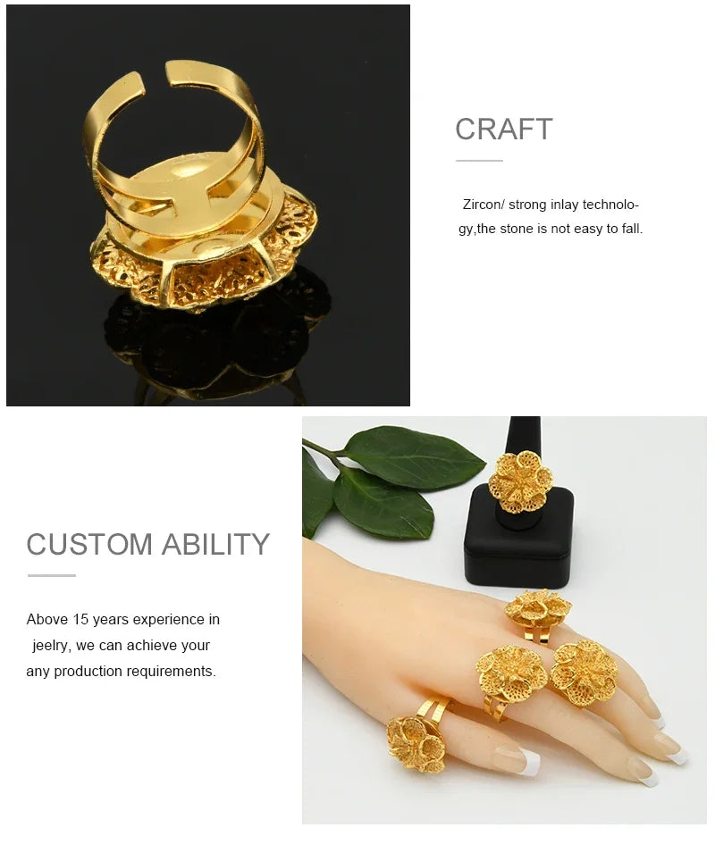 Brazilian Spiral Ring Women 24K Gold Plated Wedding Bride Arabic Ethiopian Dubai Big Nigerian Jewellery Moroccan Resizable