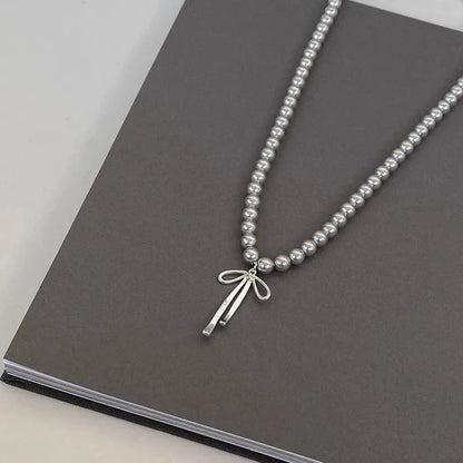 LATS Gray Pearls Bowknot Pendant Necklace for Women Girls Graceful Butterfly Choker Chain Jewelry Gift Accessories