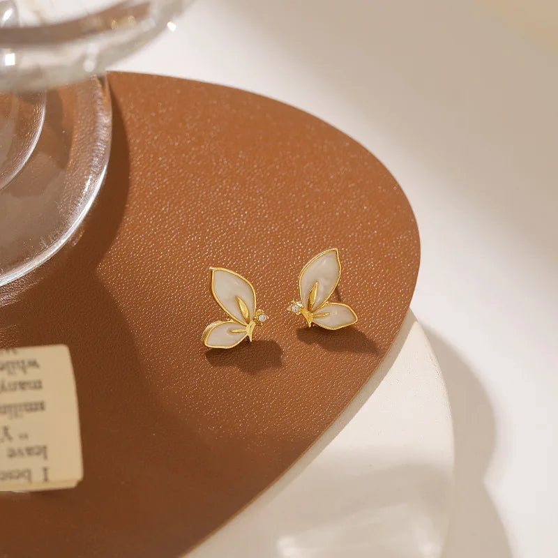 New Fashion Enamel Butterfly Stud Earrings Women Personality Beautiful Golden Rimmed Crystal Butterflies Earrings Jewelry Gift