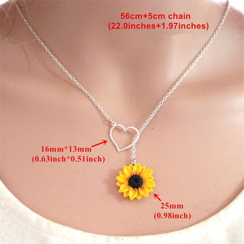 Vibrant Yellow Sunflower Heart Lariat Necklace - Infinity Charm, Bridal Flower, Sunflower Bridesmaid Daisy Jewelry with Delicate Chain and Durable Clasp