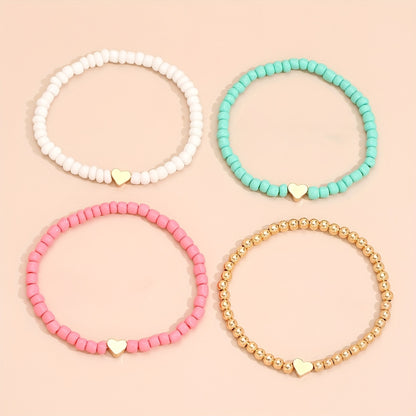 4pcs Mini Love Heart Beaded Bracelet Set Stackable Hand Chain Jewelry Decoration