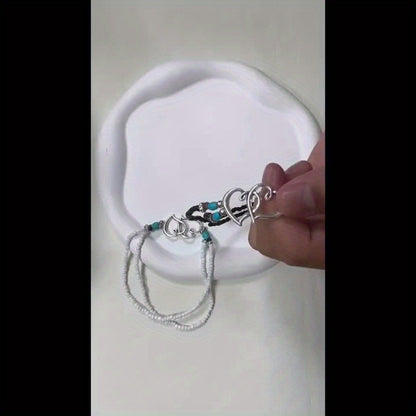 Boho-Chic Double Heart Turquoise & White Beaded Stretch Anklet for Women