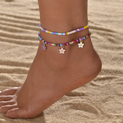 Boho-Chic Double Heart Turquoise & White Beaded Stretch Anklet for Women