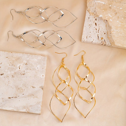Pair of Golden/Silvery Hollow Twisted Dangle Earrings, Bohemian Elegant Iron Jewelry, Creative Female Gift with Unique Style