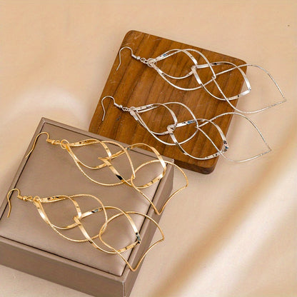 Pair of Golden/Silvery Hollow Twisted Dangle Earrings, Bohemian Elegant Iron Jewelry, Creative Female Gift with Unique Style
