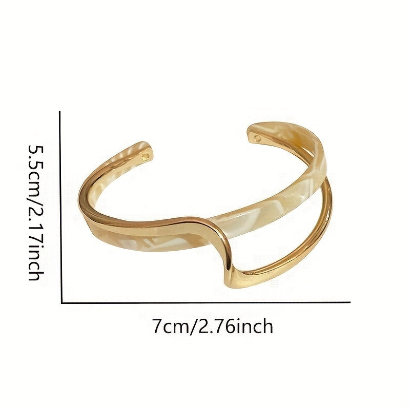 18K Gold Plated Wave Shape Cuff Bangle Inlaid Faux Pearl, Women's Minimalist Style Jewelry
