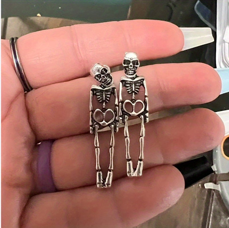 Halloween Silvery Skeleton Design Dangle Earrings Retro Goth Style Alloy Jewelry Ghost Festival Ornaments