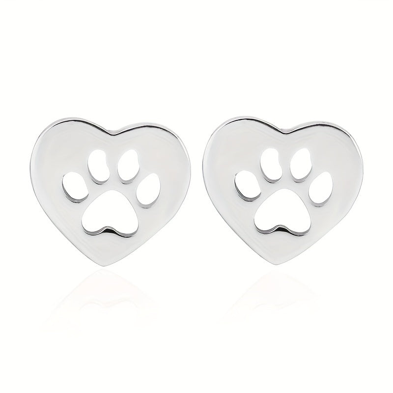 Heart Shape Hollow Animal Footprint Pattern Stud Earrings Cute Elegant Style Stainless Steel Jewelry Exquisite Gift For Lovers