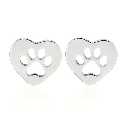 Heart Shape Hollow Animal Footprint Pattern Stud Earrings Cute Elegant Style Stainless Steel Jewelry Exquisite Gift For Lovers