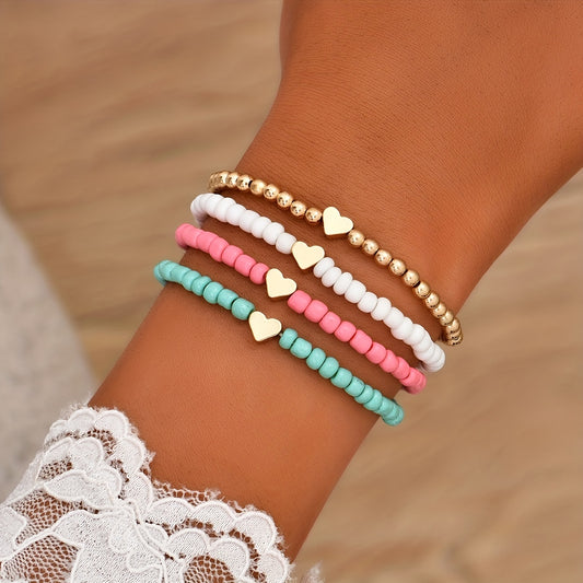 4pcs Mini Love Heart Beaded Bracelet Set Stackable Hand Chain Jewelry Decoration