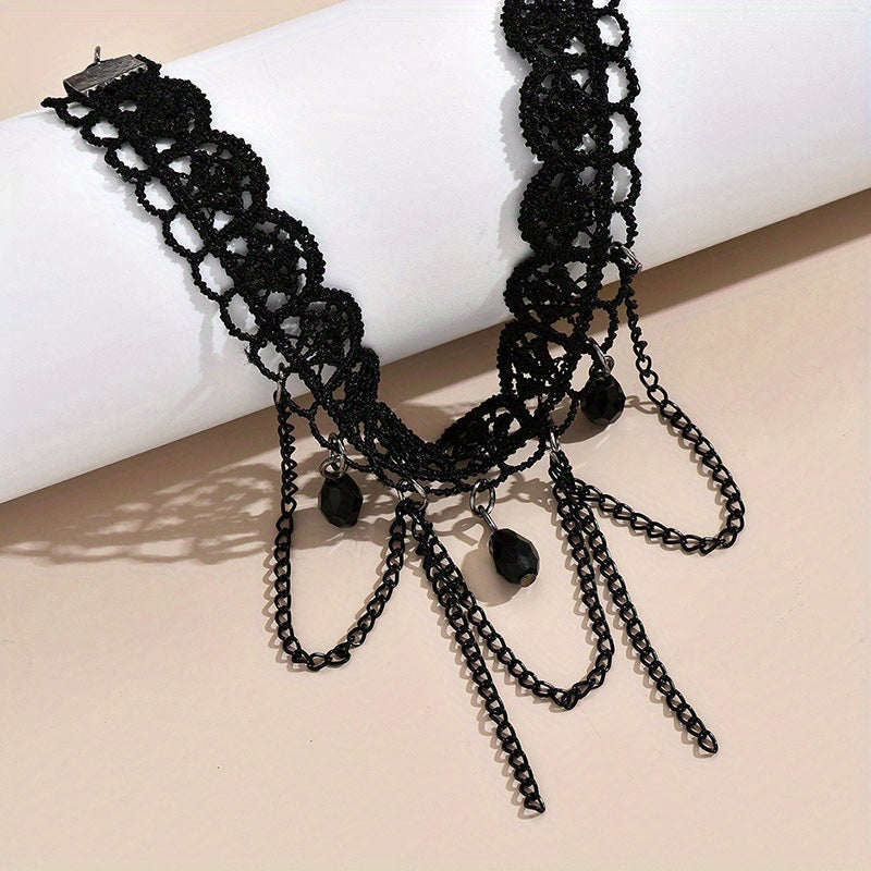 Elegant Multi-Layer Lace Anklet with Black Beads and Charms - Alloy, Perfect for Vacation & Casual Attire, Versatile Beach Foot Jewelry, Casual Wear Anklet|Sophisticated Style|Bead Embellishments