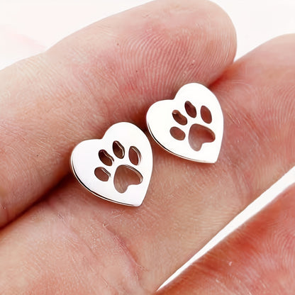 Heart Shape Hollow Animal Footprint Pattern Stud Earrings Cute Elegant Style Stainless Steel Jewelry Exquisite Gift For Lovers
