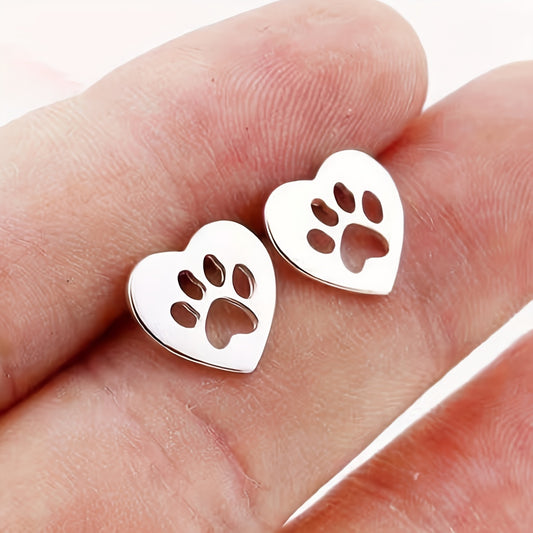 Heart Shape Hollow Animal Footprint Pattern Stud Earrings Cute Elegant Style Stainless Steel Jewelry Exquisite Gift For Lovers