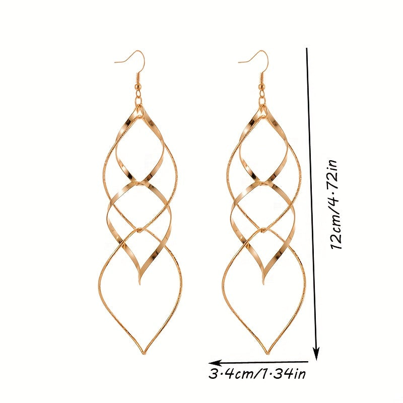 Pair of Golden/Silvery Hollow Twisted Dangle Earrings, Bohemian Elegant Iron Jewelry, Creative Female Gift with Unique Style