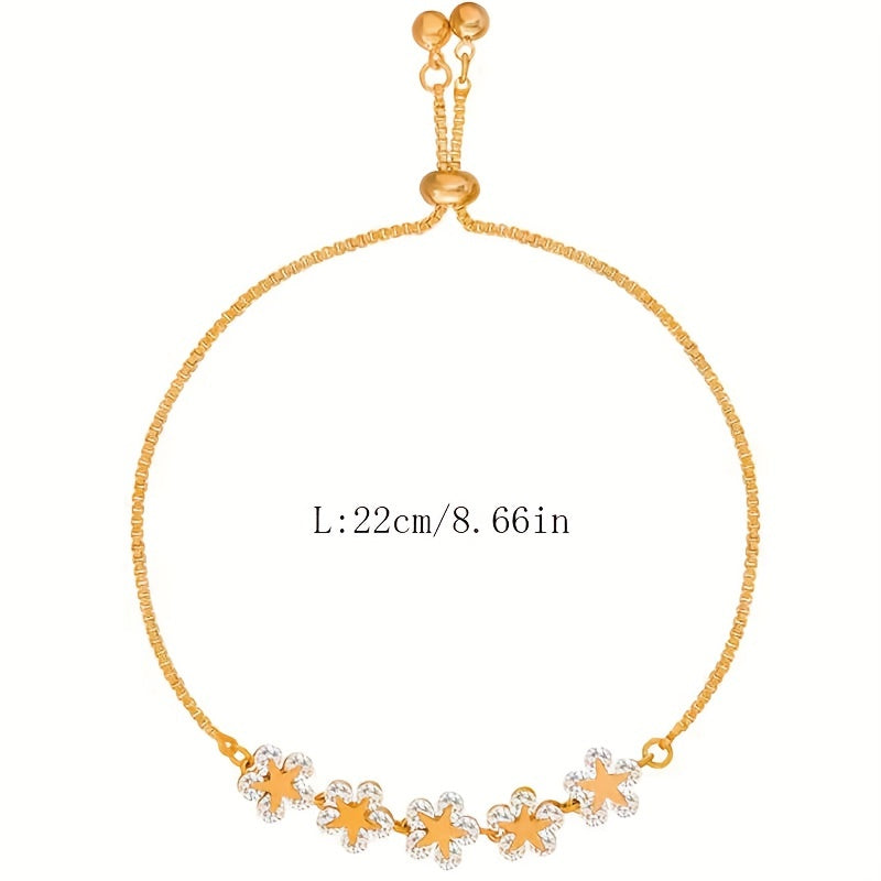Adjustable Flower Beaded Chain Bracelet Inlaid Shiny Synthetic Zirconia Copper Hand Jewelry Decor for Women & s