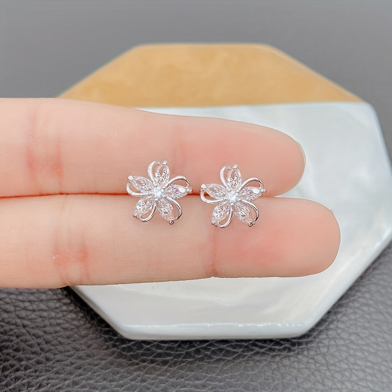 Exquisite Flower Design With Shiny zirconia Decor Stud Earrings Sexy Cute Style Copper 14K Gold Plated Jewelry Female Gift