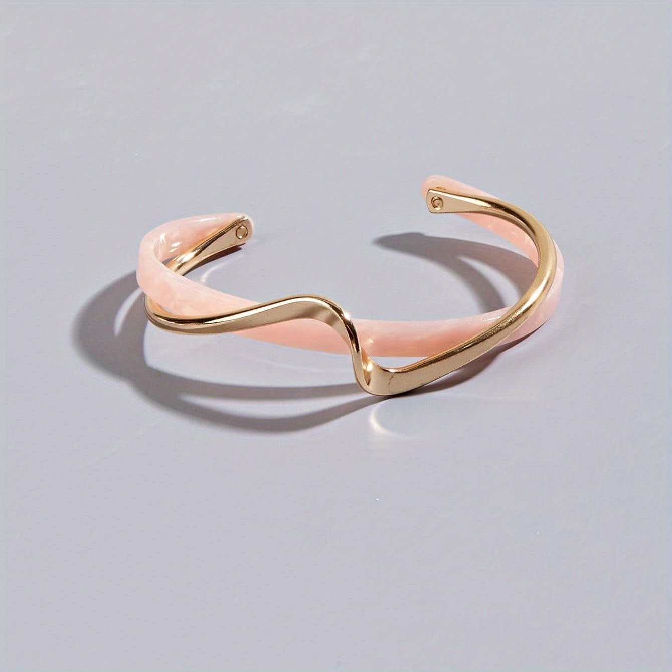 18K Gold Plated Wave Shape Cuff Bangle Inlaid Faux Pearl, Women's Minimalist Style Jewelry
