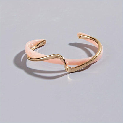 18K Gold Plated Wave Shape Cuff Bangle Inlaid Faux Pearl, Women's Minimalist Style Jewelry