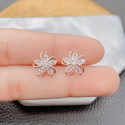 Exquisite Flower Design With Shiny zirconia Decor Stud Earrings Sexy Cute Style Copper 14K Gold Plated Jewelry Female Gift