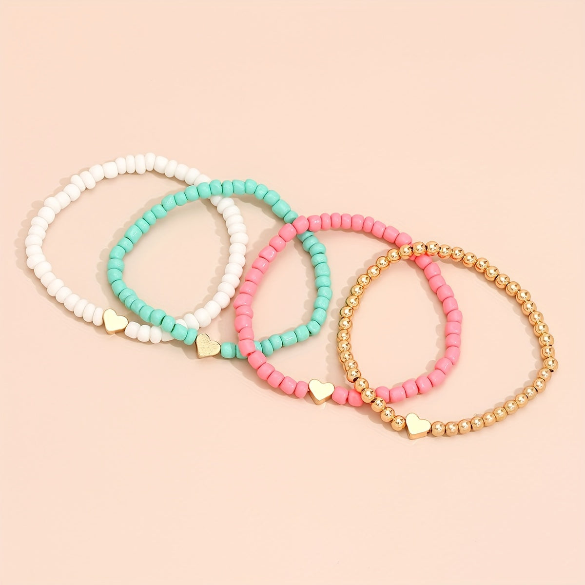 4pcs Mini Love Heart Beaded Bracelet Set Stackable Hand Chain Jewelry Decoration