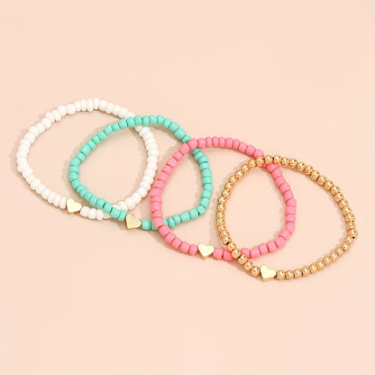 4pcs Mini Love Heart Beaded Bracelet Set Stackable Hand Chain Jewelry Decoration