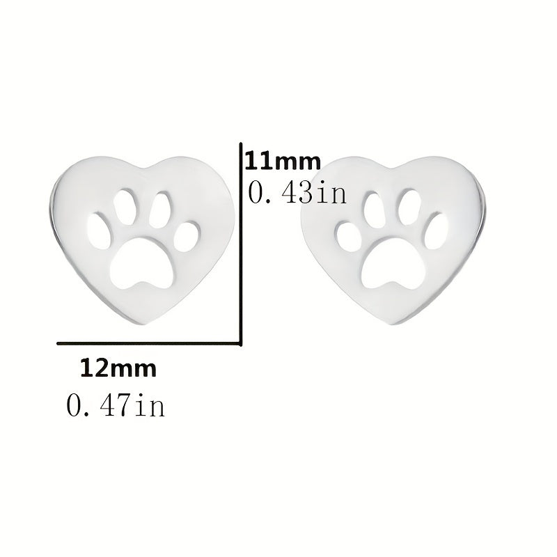 Heart Shape Hollow Animal Footprint Pattern Stud Earrings Cute Elegant Style Stainless Steel Jewelry Exquisite Gift For Lovers