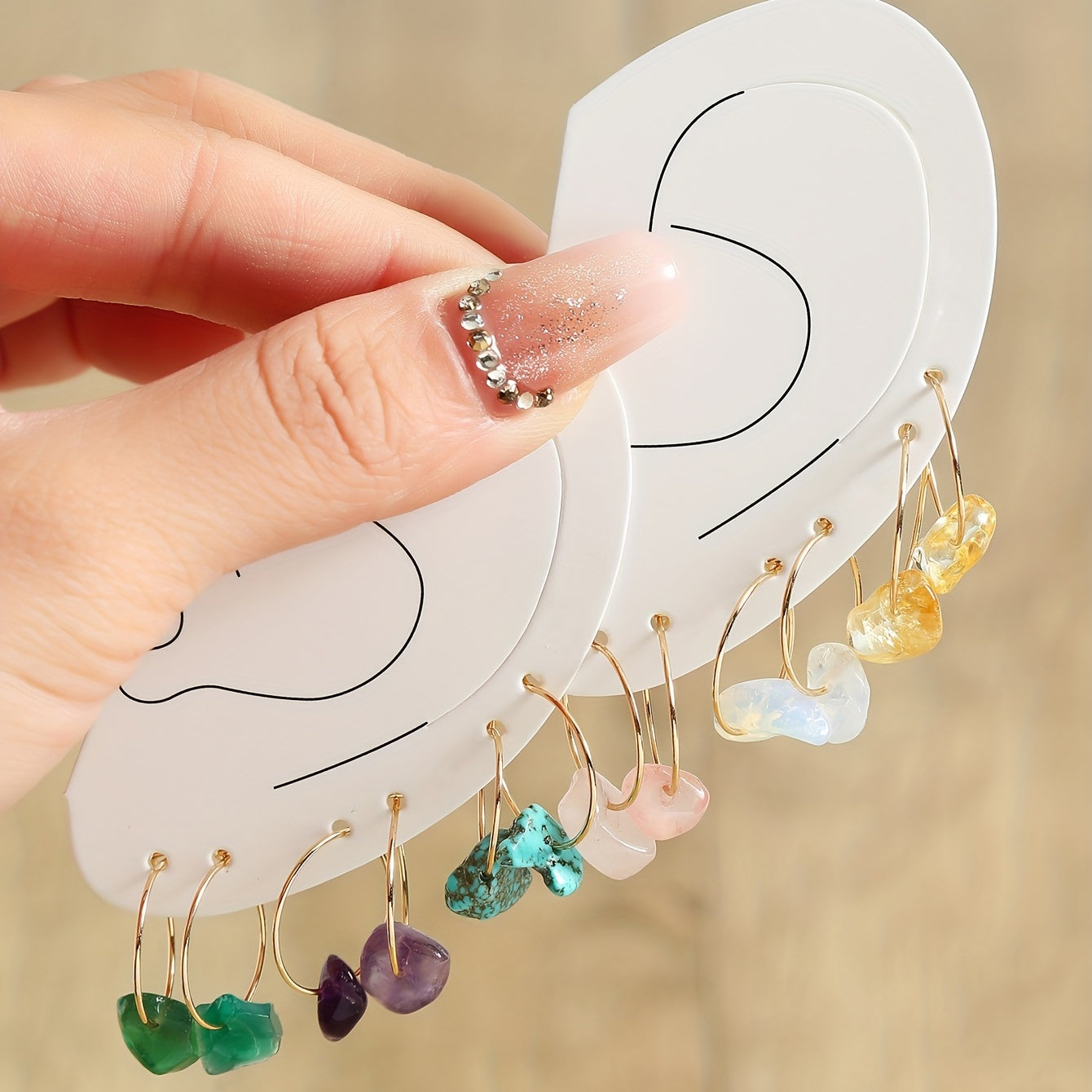 6 Pairs Natural Raw Stone Hoop Earrings Elegant Vocational Temperament Creative Exquisite Gift For Women Personality Jewelry