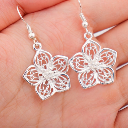 Boho Hollow Flower Shape Earrings Vintage Silver Plated Jewelry For Women