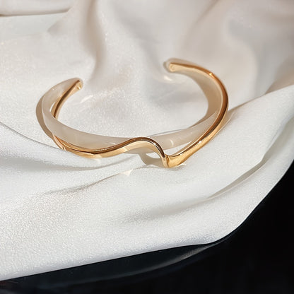 18K Gold Plated Wave Shape Cuff Bangle Inlaid Faux Pearl, Women's Minimalist Style Jewelry