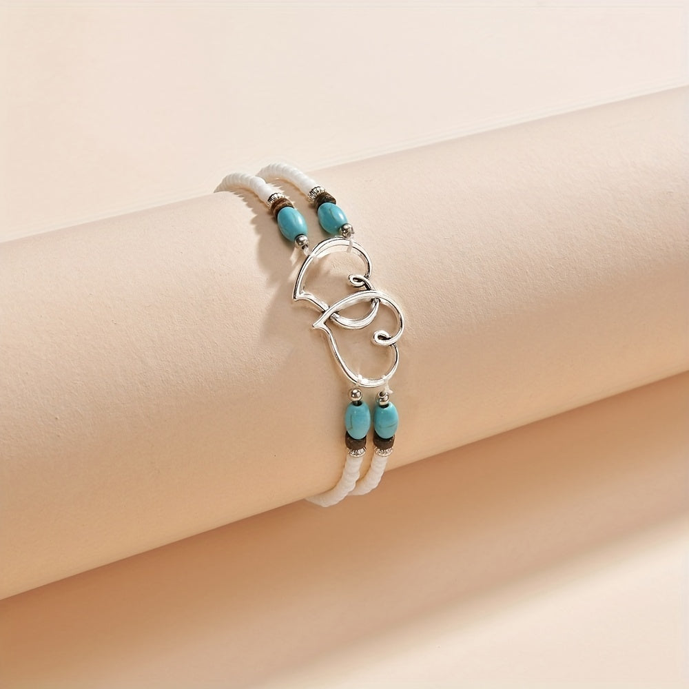 Boho-Chic Double Heart Turquoise & White Beaded Stretch Anklet for Women