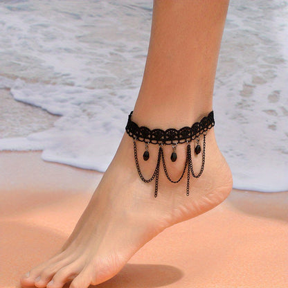 Elegant Multi-Layer Lace Anklet with Black Beads and Charms - Alloy, Perfect for Vacation & Casual Attire, Versatile Beach Foot Jewelry, Casual Wear Anklet|Sophisticated Style|Bead Embellishments